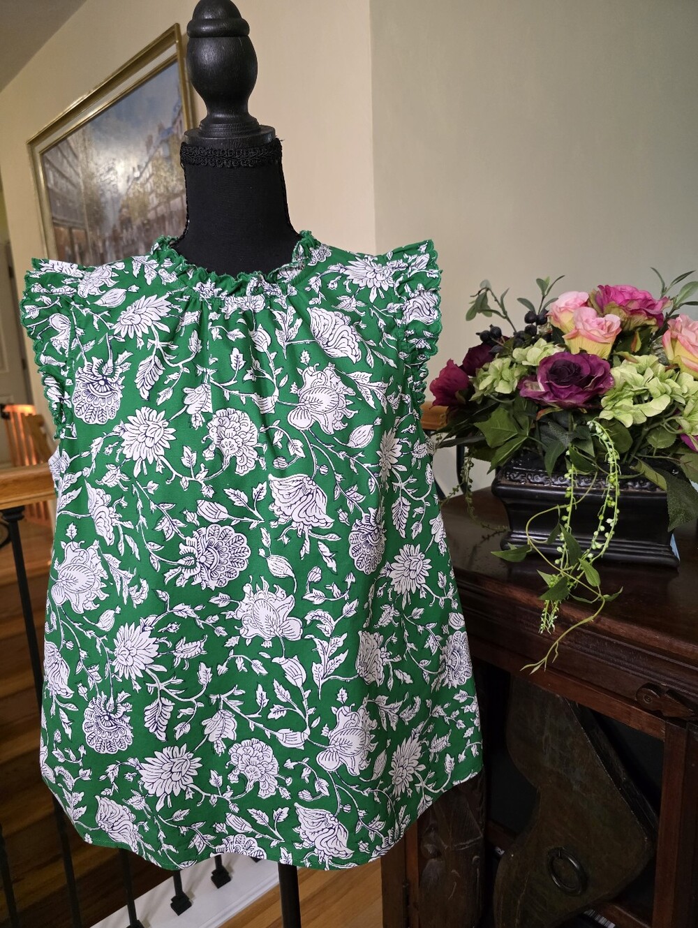 J.Crew Green Floral Sleeveless Ruffle Neck Top Size L 100% Cotton - Picture 1 of 12